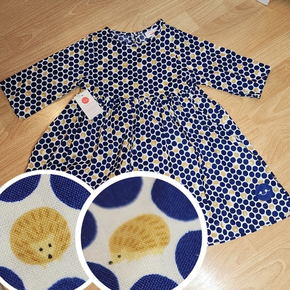 NWT Smiling Button Hedgehog Navy Polka Dot Cotton Dress Pockets Size 5 - Picture 1 of 16